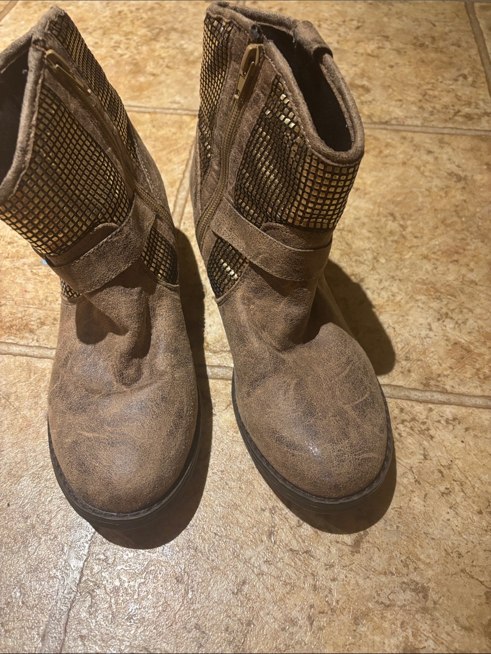 Mojo Moxy Distressed Brown Ankle Boots with Gold Stud Accents